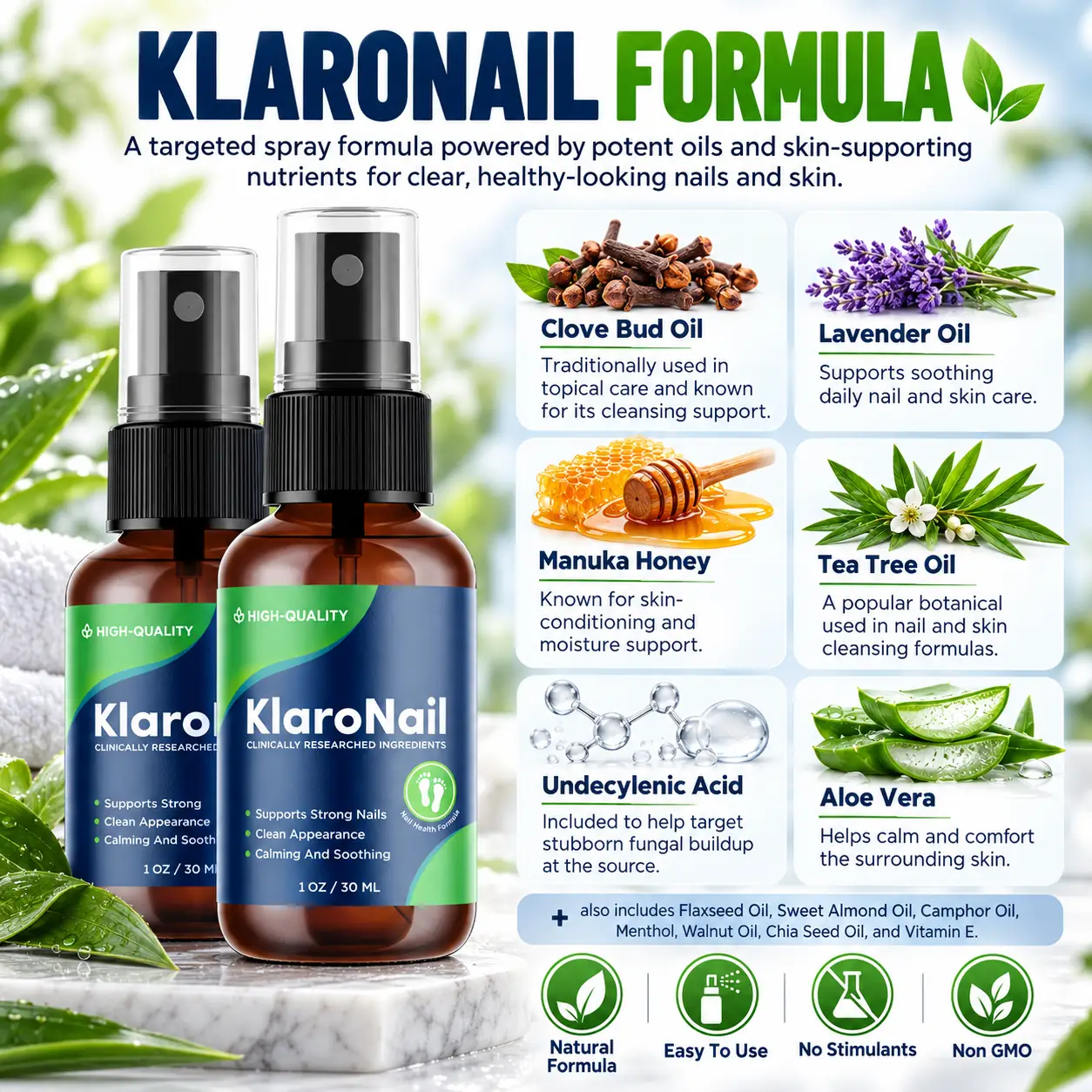 KlaroNail formula: Clove Bud Oil, Lavender Oil, Manuka Honey, Tea Tree Oil, Undecylenic Acid, Aloe Vera and more